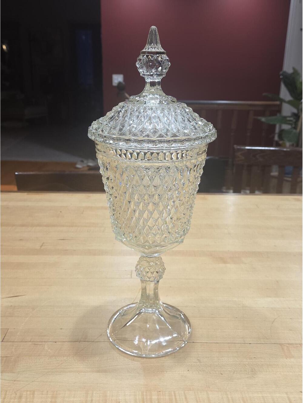 Vintage Indiana Glass Diamond Point Clear Apothecary Jar Tall Candy Dish 15.5
